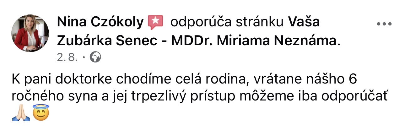 Recenzia na Facebooku – Vaša Zubárka Senec